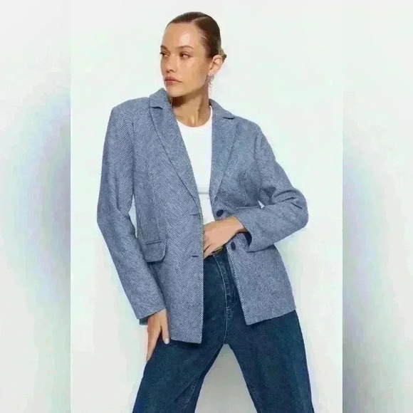 NWT Trendyol Blue Herringbone Tweed Blazer Sz 8 Item#20 - Picture 1 of 14
